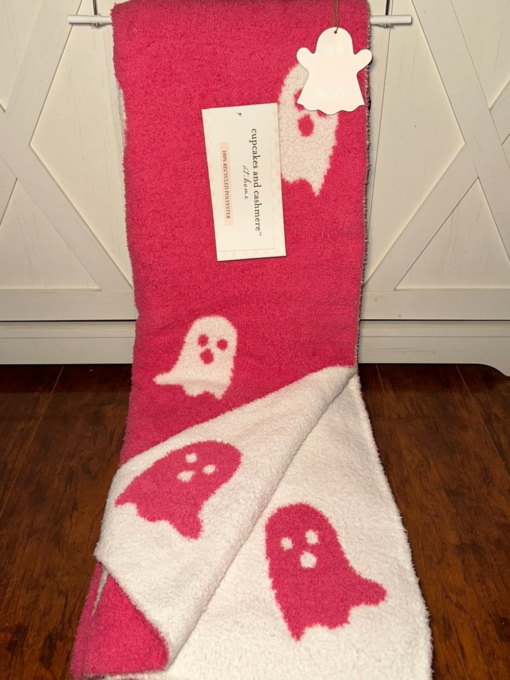 Cupcakes & Cashmere Pink and White Ghost Halloween Knitted Throw Blanket